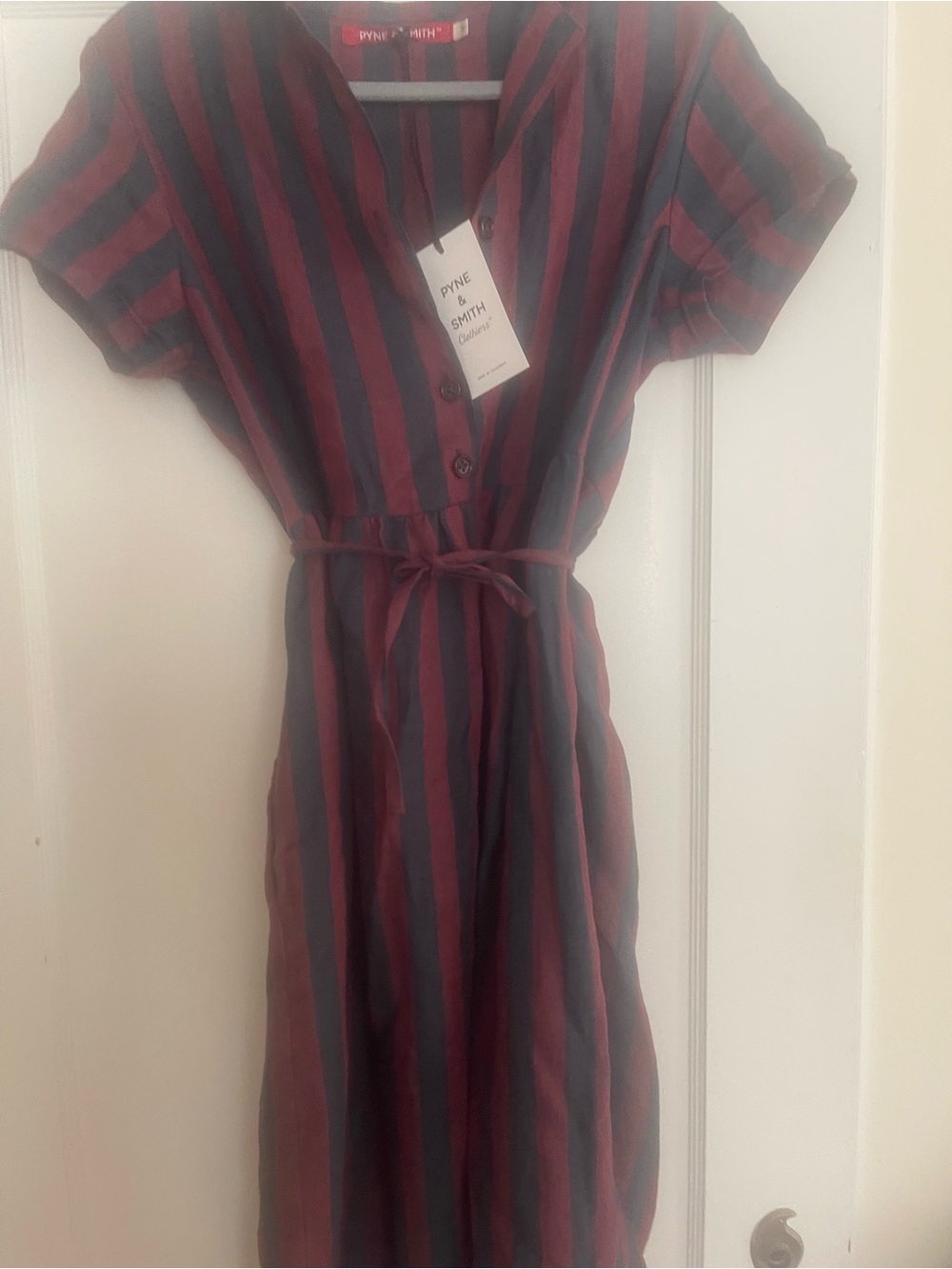 Pyne & Smith Casual Button-Front Striped Tie-Waist Dress in Navy and Burgundy